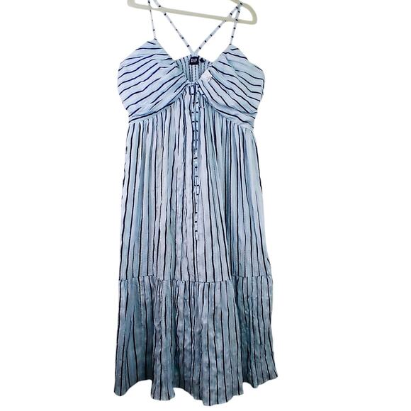 Gap Women's SZ XL Tie-Front Ruffle Hem Maxi Dress - Blue Stripe NWT - Picture 2 of 6
